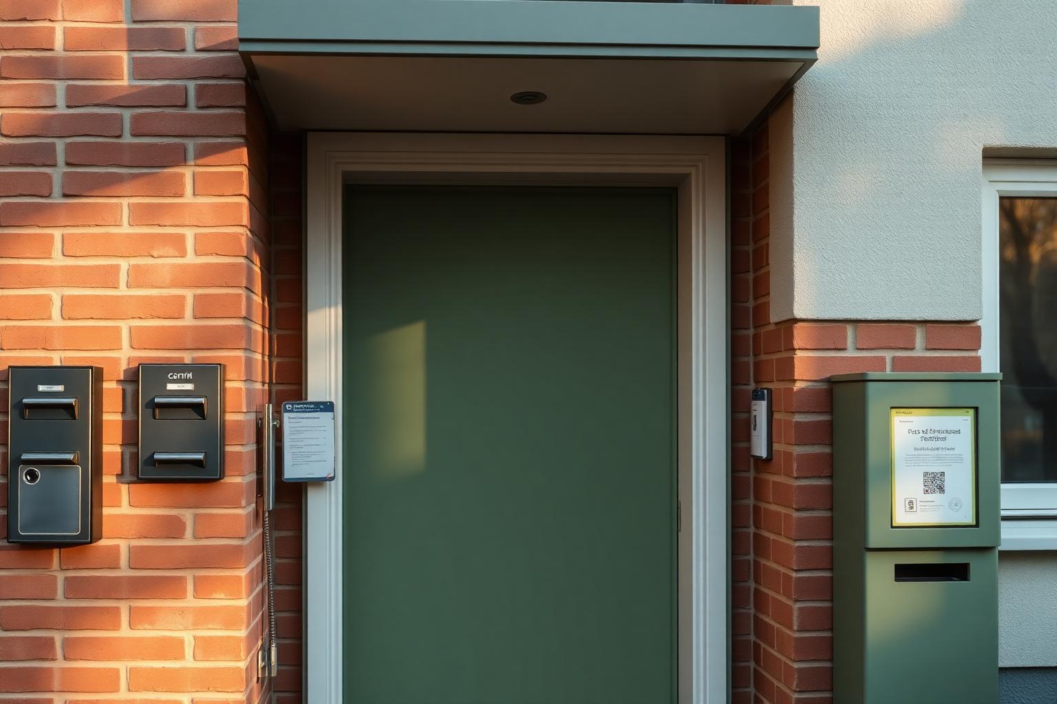 Opgangsindgang med postkasser, intercom og QR-tavle